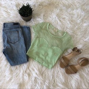 Sea foam green crop top. Embroidered flowers 🌸